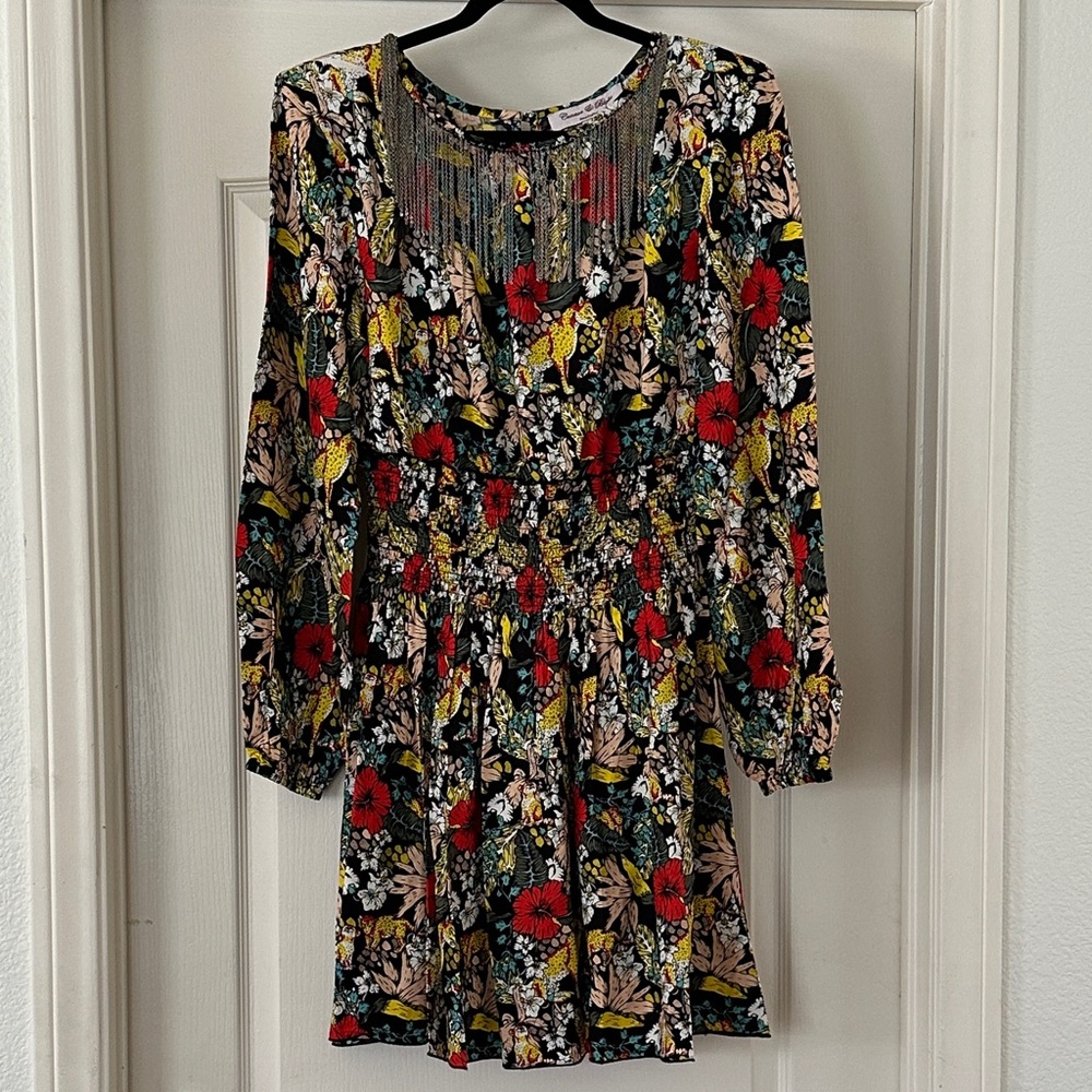 Black Floral Long-Sleeve Mini Dress with Red & Yellow Blooms